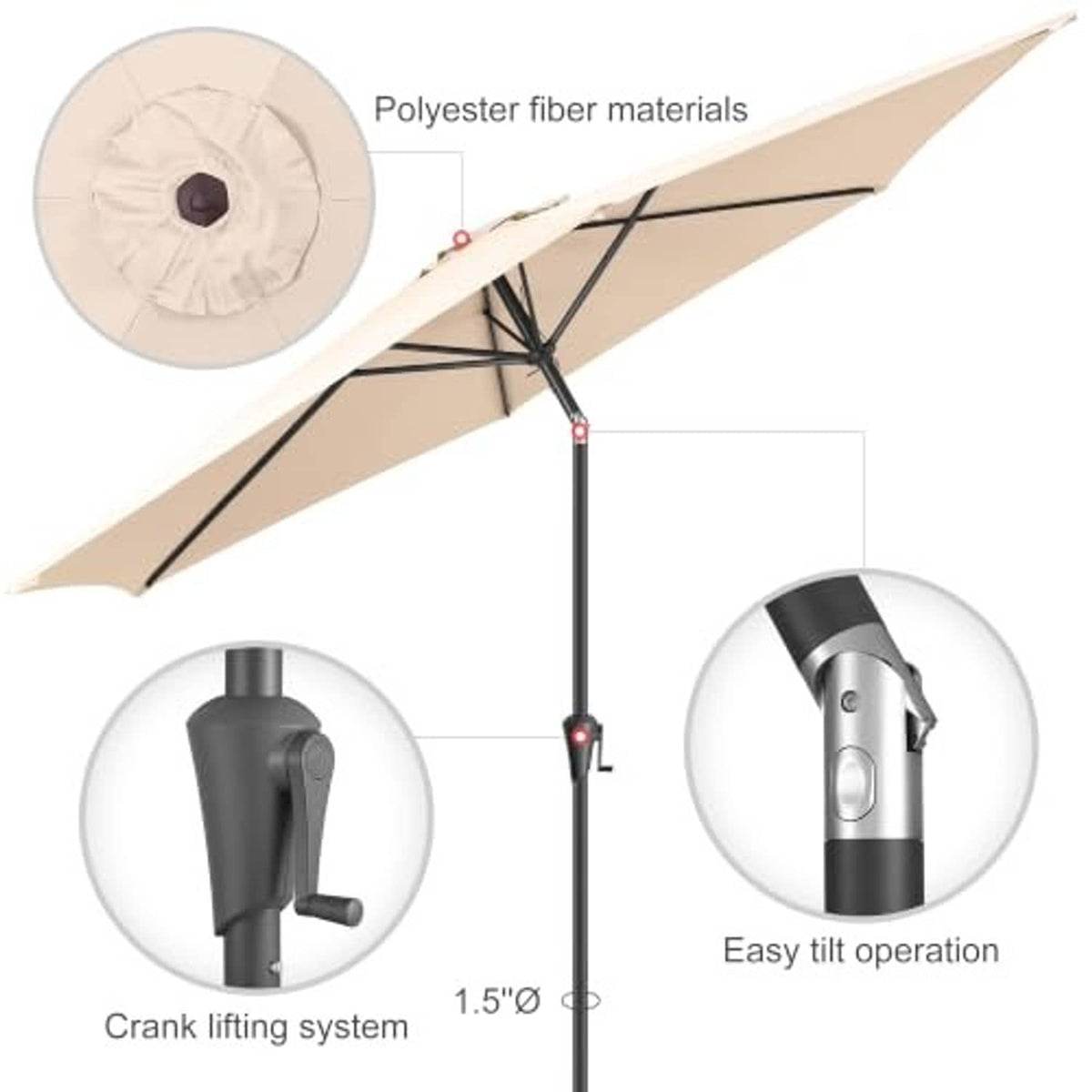 Beige patio umbrella canopy with polyester fabric and easy tilt operation