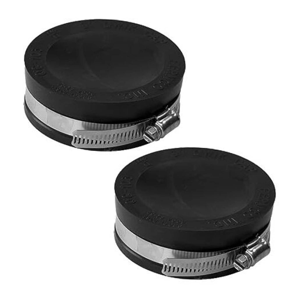 Two 3-in black flexible PVC pipe caps with stainless steel hose clamps.