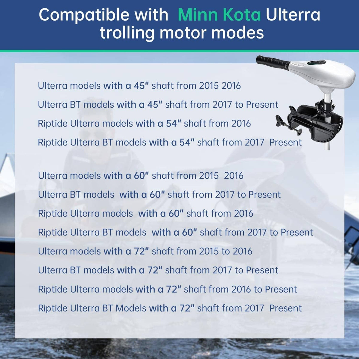 Trolling motor head shown with lift belt kit compatibility diagram