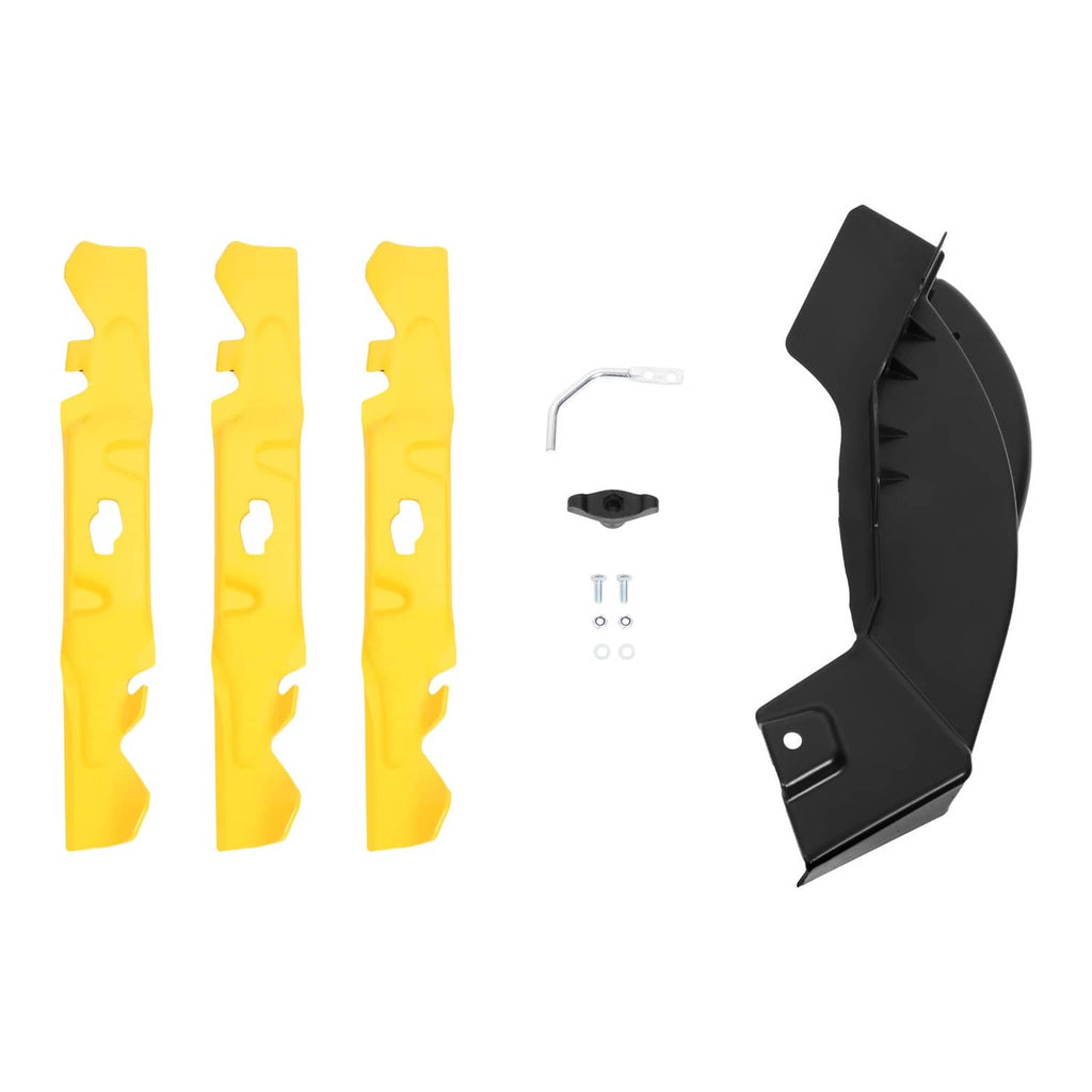 Mulching kit blade set includes three yellow blades, black cover, and assorted installation hardware