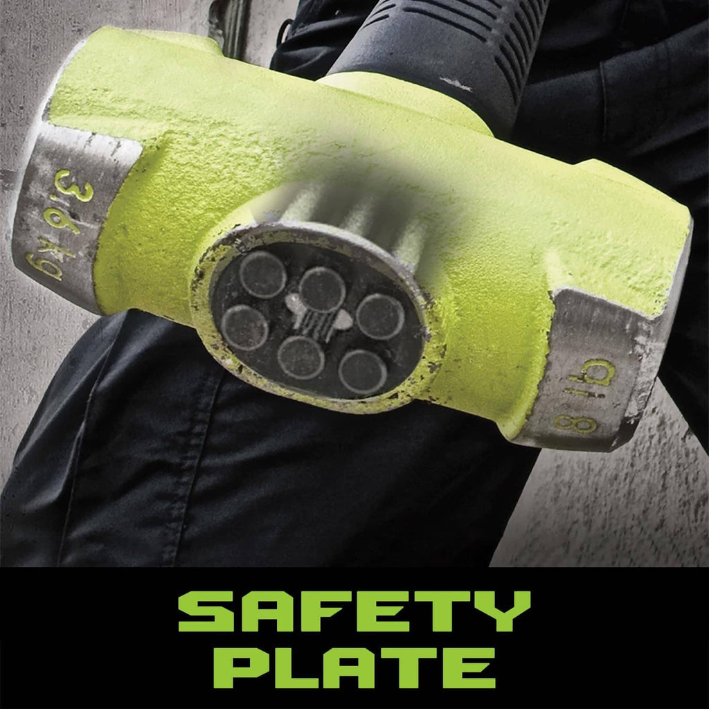 Neon green soft-face sledge hammer head with circular impact plate detail