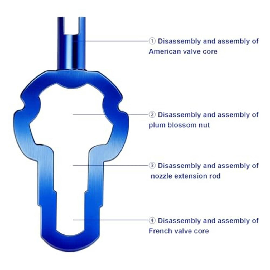 Blue 4-in-1 Presta valve core tool with multiple interchangeable function heads.