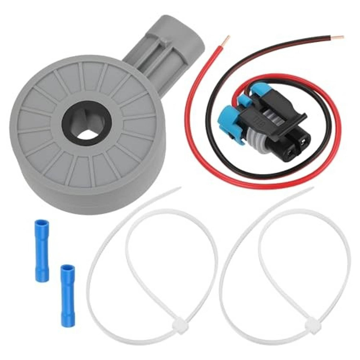 Gray sensor disc with cable pigtail harness; red and black leads and two white wire ties