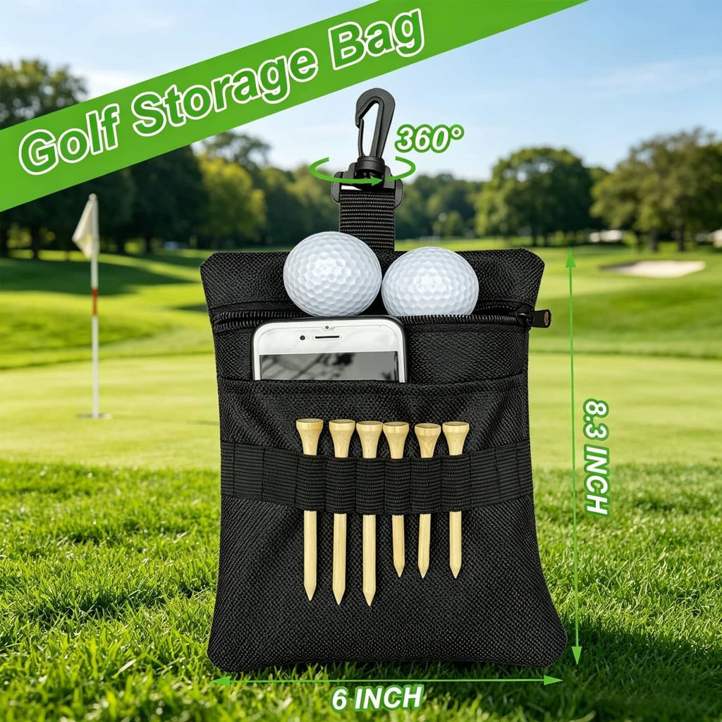 Black golf ball and tee storage pouch bag with zipper and clip, holding two balls