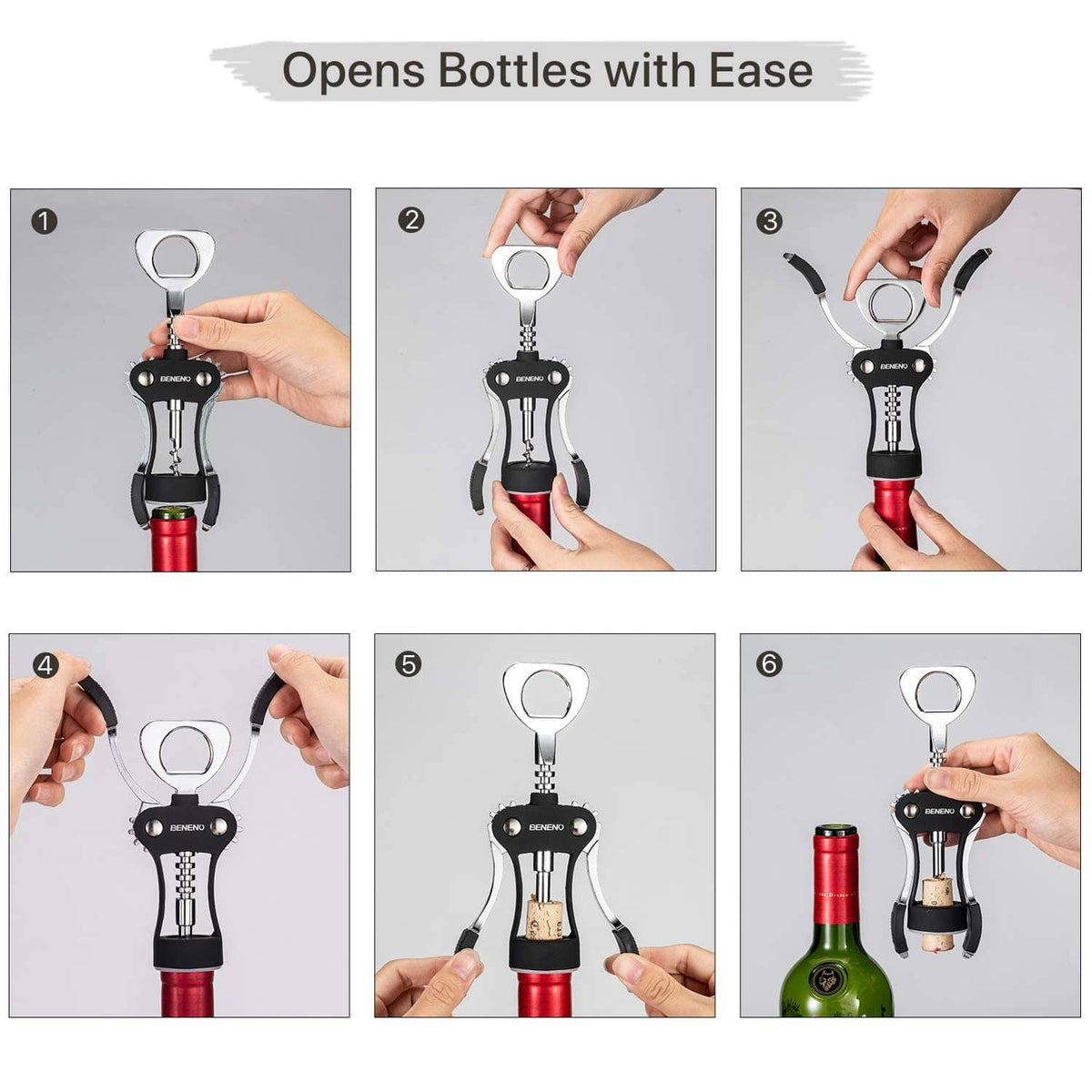 Midnight black wine corkscrew in multiple steps opening a bottle