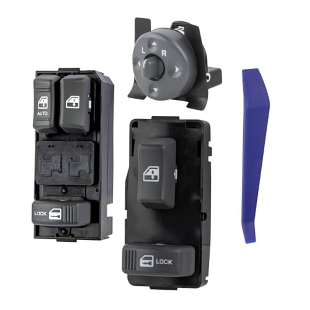 Power window switch and mirror control with window lock button and R/L dial