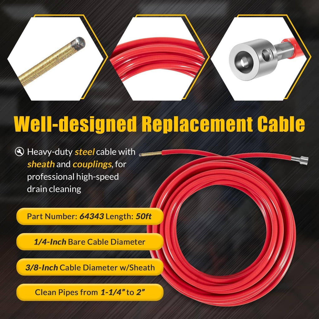 Red coiled replacement drain cleaning cable with steel couplings and fittings