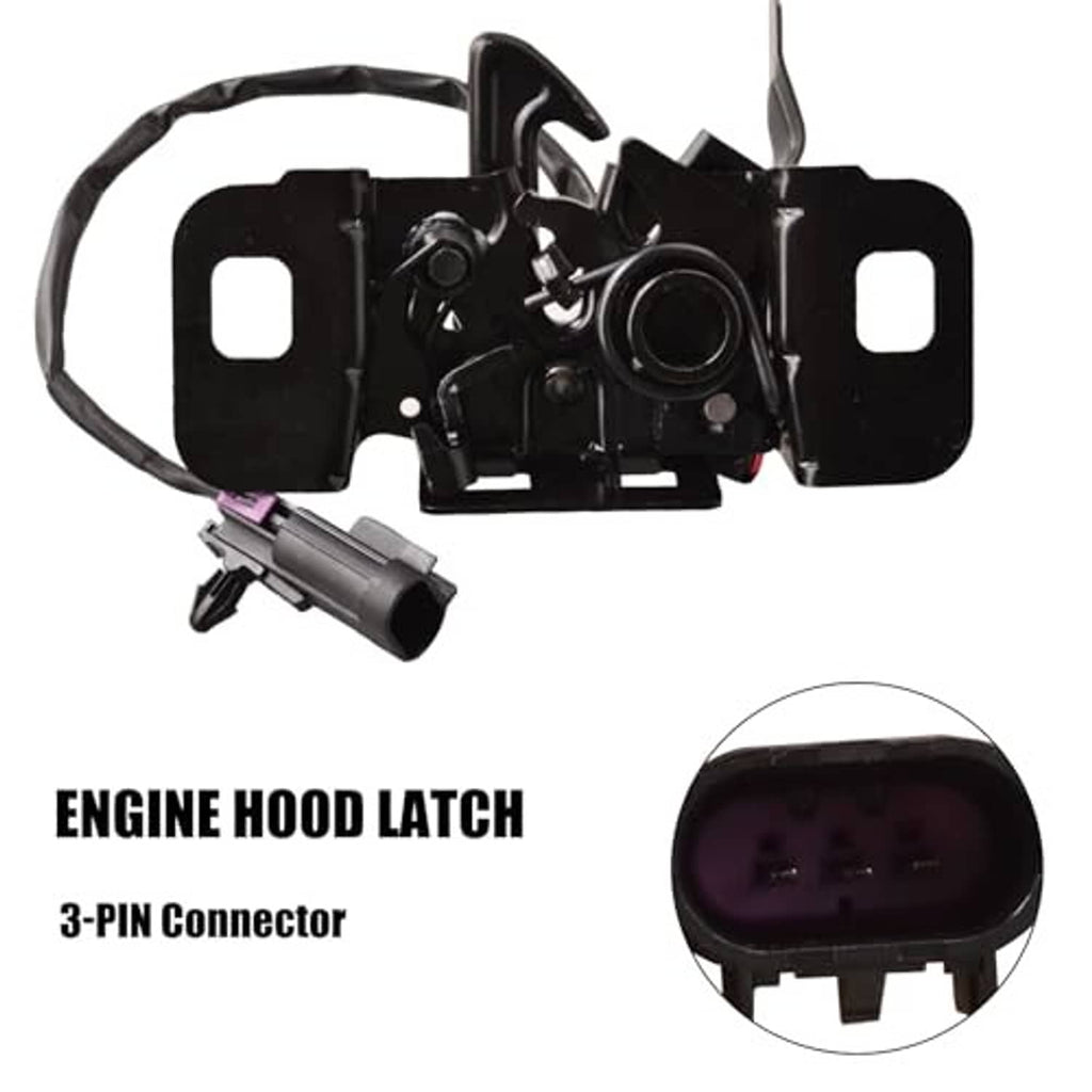 Engine hood latch assembly with 3-pin connector and wiring harness, black
