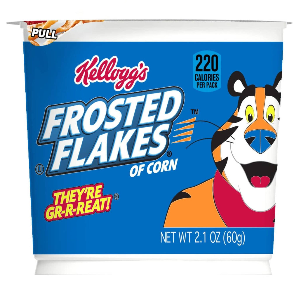 Kellogg's Frosted Flakes of corn cereal cup, blue packaging, net wt 2.1 oz, 220 calories per pack