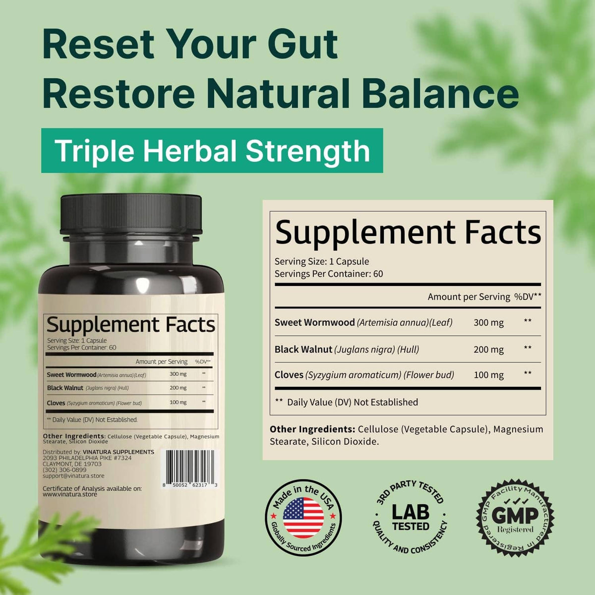 VINATURA supplement bottle with Supplement Facts panel on the back label