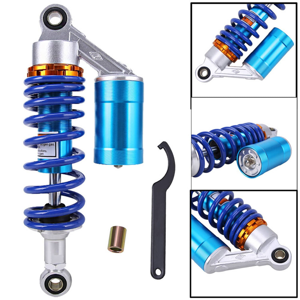 Motorcycle rear air shock absorber with blue spring and orange adjuster; includes wrench
