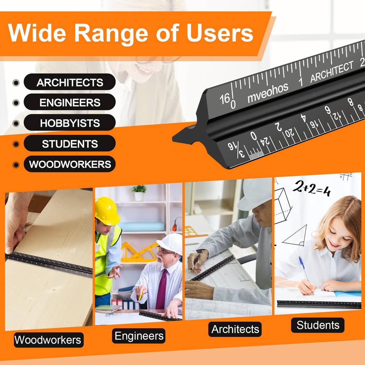 Black 12-inch architectural scale ruler with imperial inch marks and scale labels