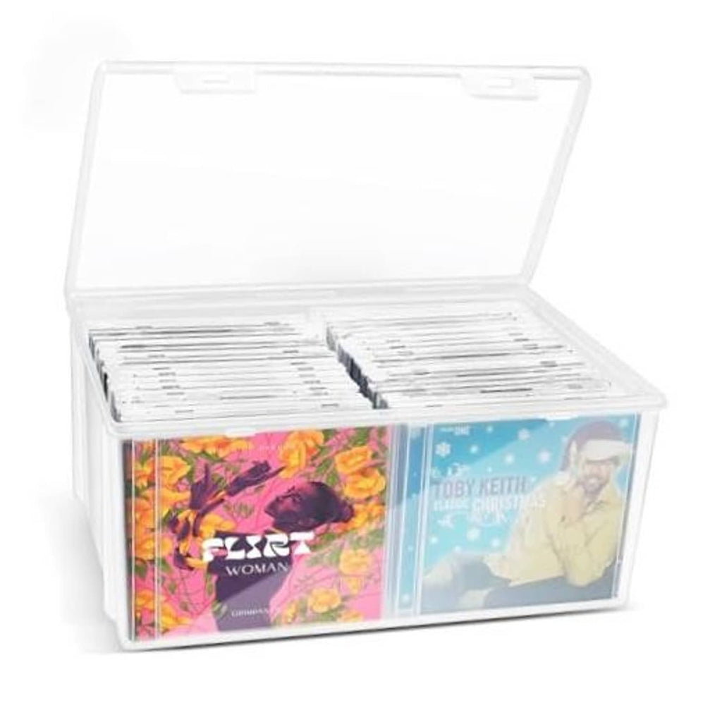 Clear plastic CD storage box with hinged lid open, CD cases visible inside