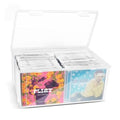Clear plastic CD storage box with hinged lid open, CD cases visible inside
