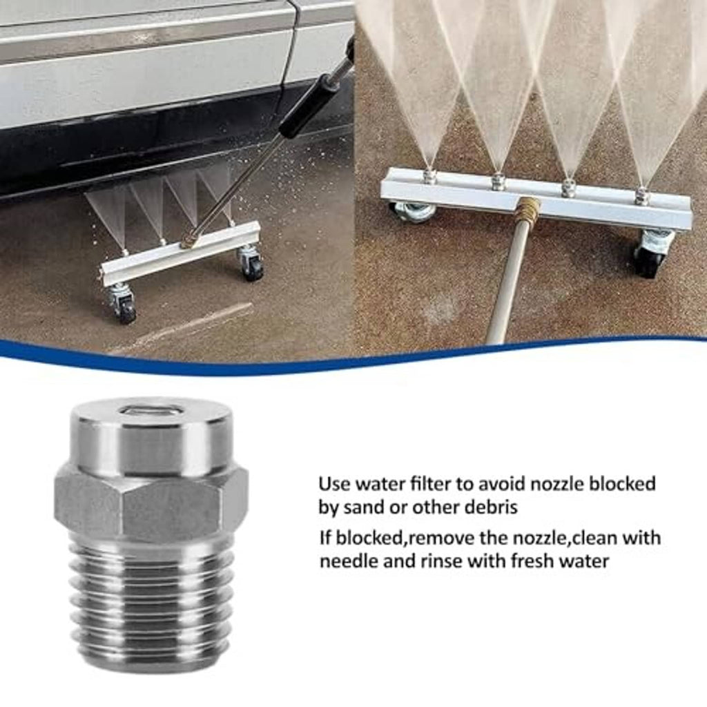 Stainless steel threaded spray nozzle tip with hex head and dark inner outlet