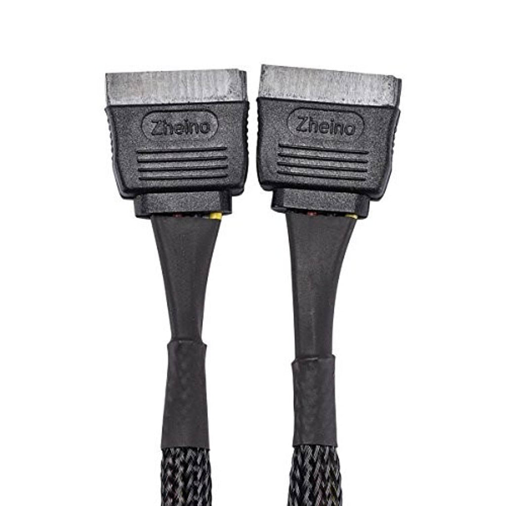 Dual SATA power split ends labeled Zheino, black housings on braided cables