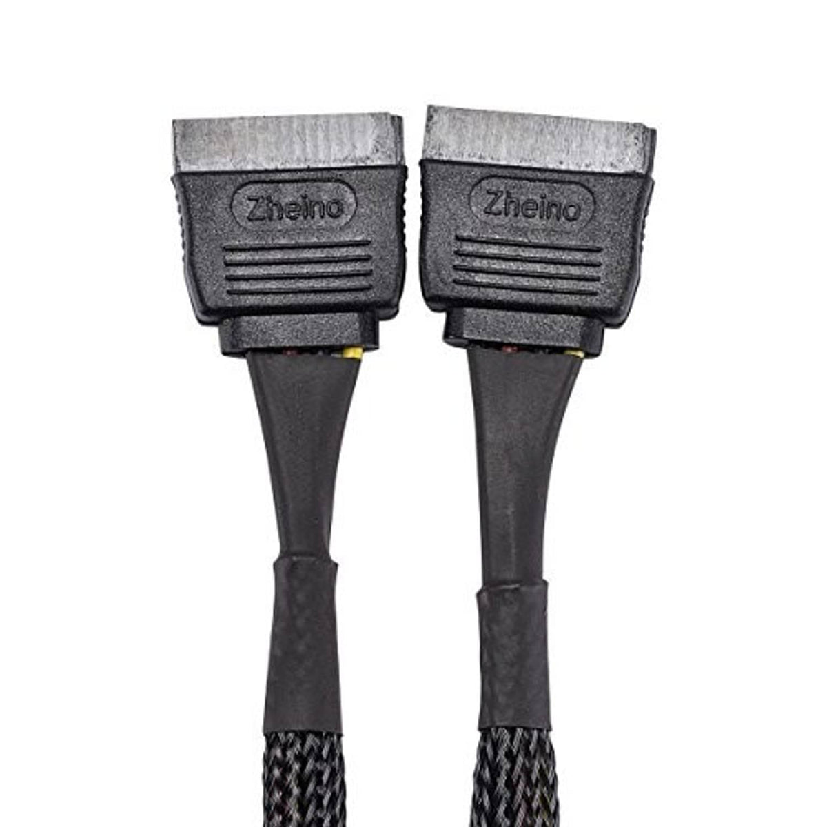 Dual SATA power split ends labeled Zheino, black housings on braided cables