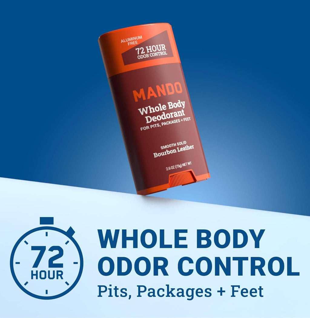 Mando whole body deodorant smooth solid stick, bourbon leather scent, 72-hour odor control