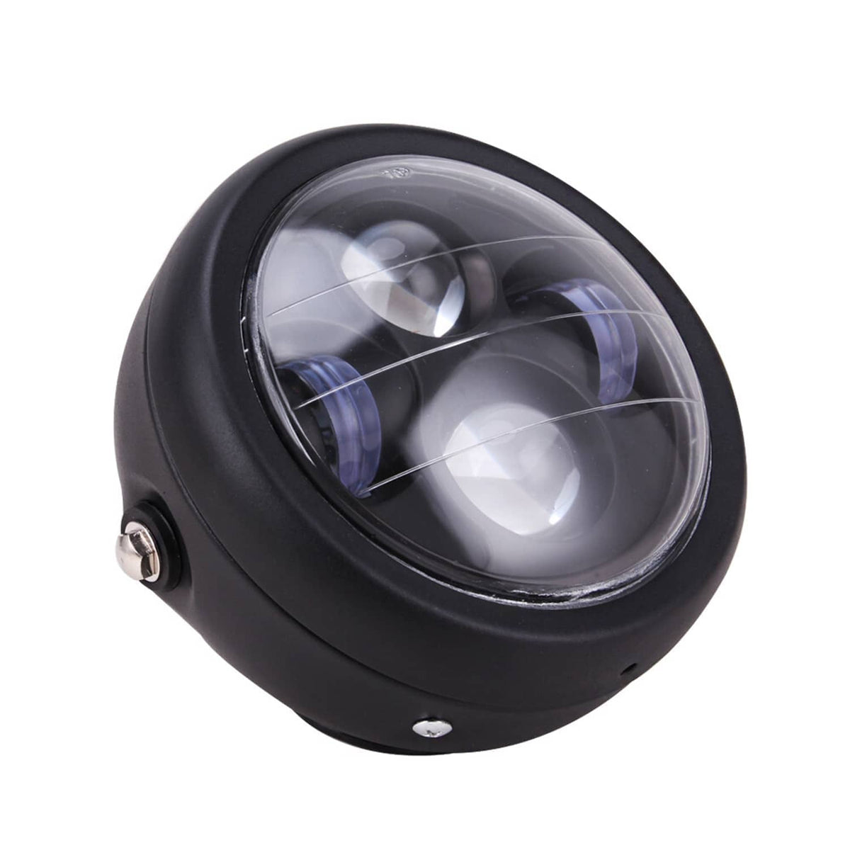 Black 6.5-inch motorcycle headlight with clear oval lens, front 3/4 view