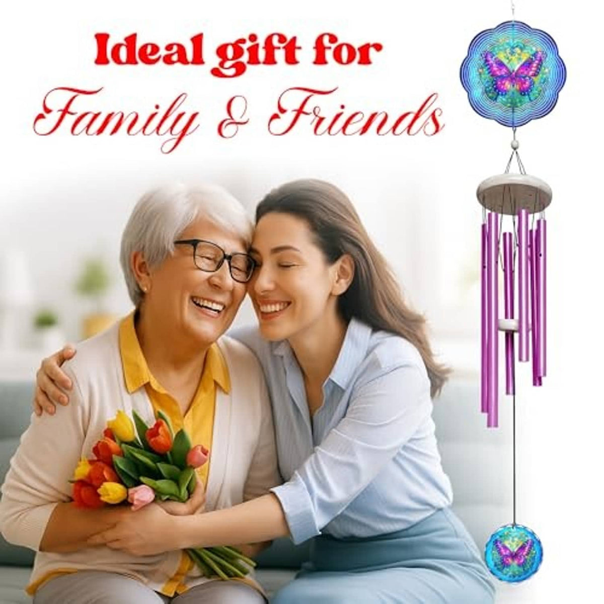 Purple butterfly wind chime spinner with blue top and multicolor hanging disk beside couple