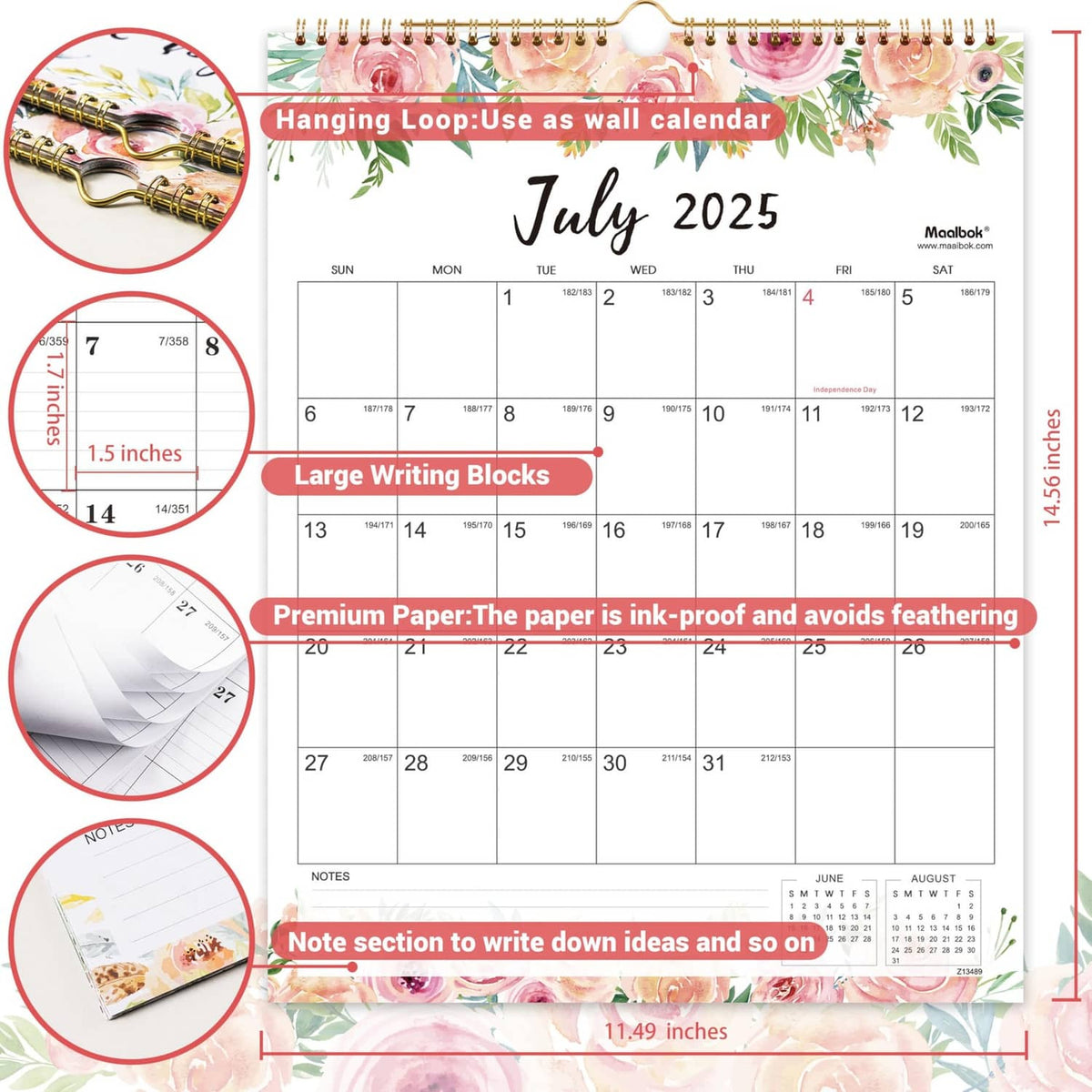 Floral monthly wall calendar sheet with spiral binding and hanging loop, July 2025 view