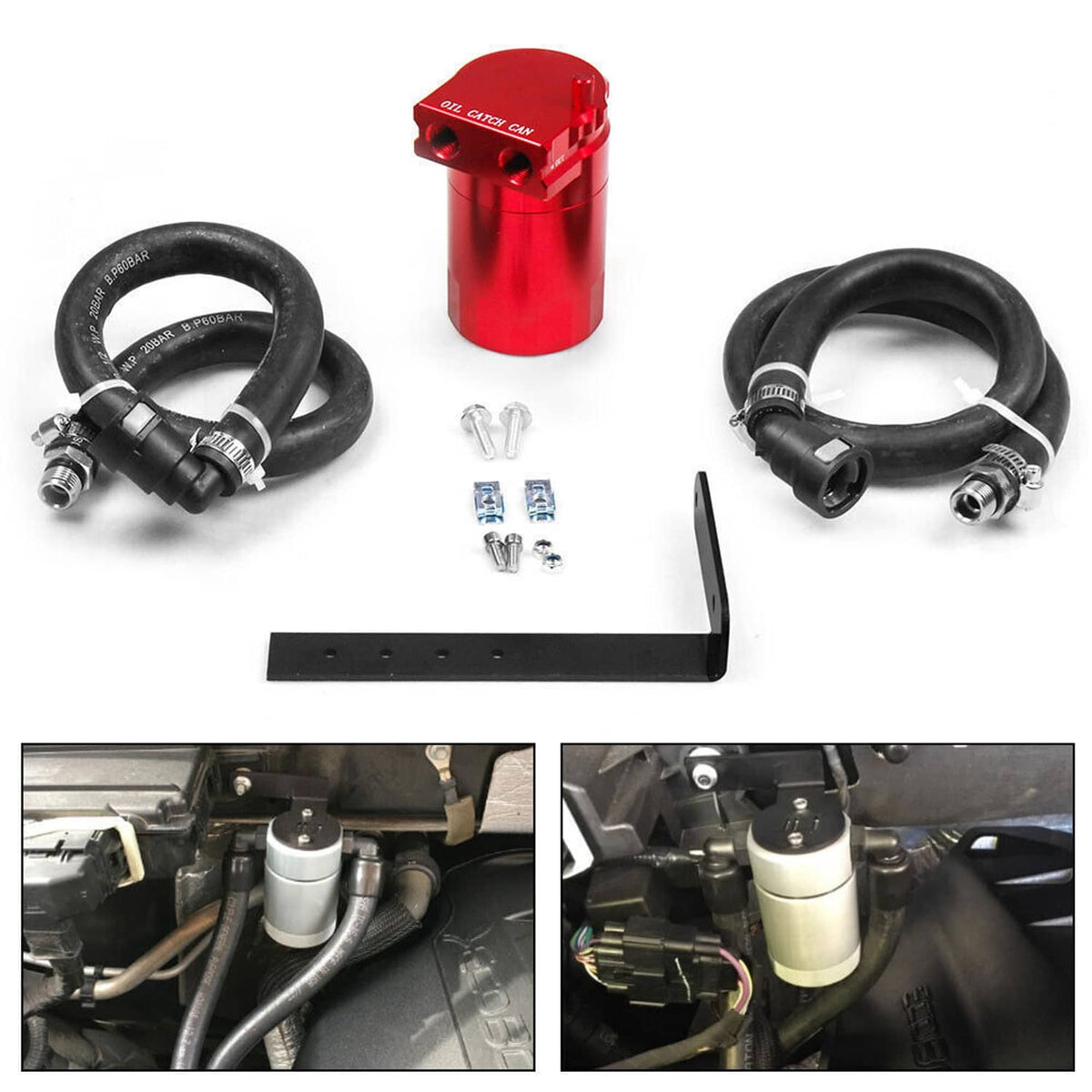 Red oil catch can with black hose assemblies, bracket, and small mounting hardware