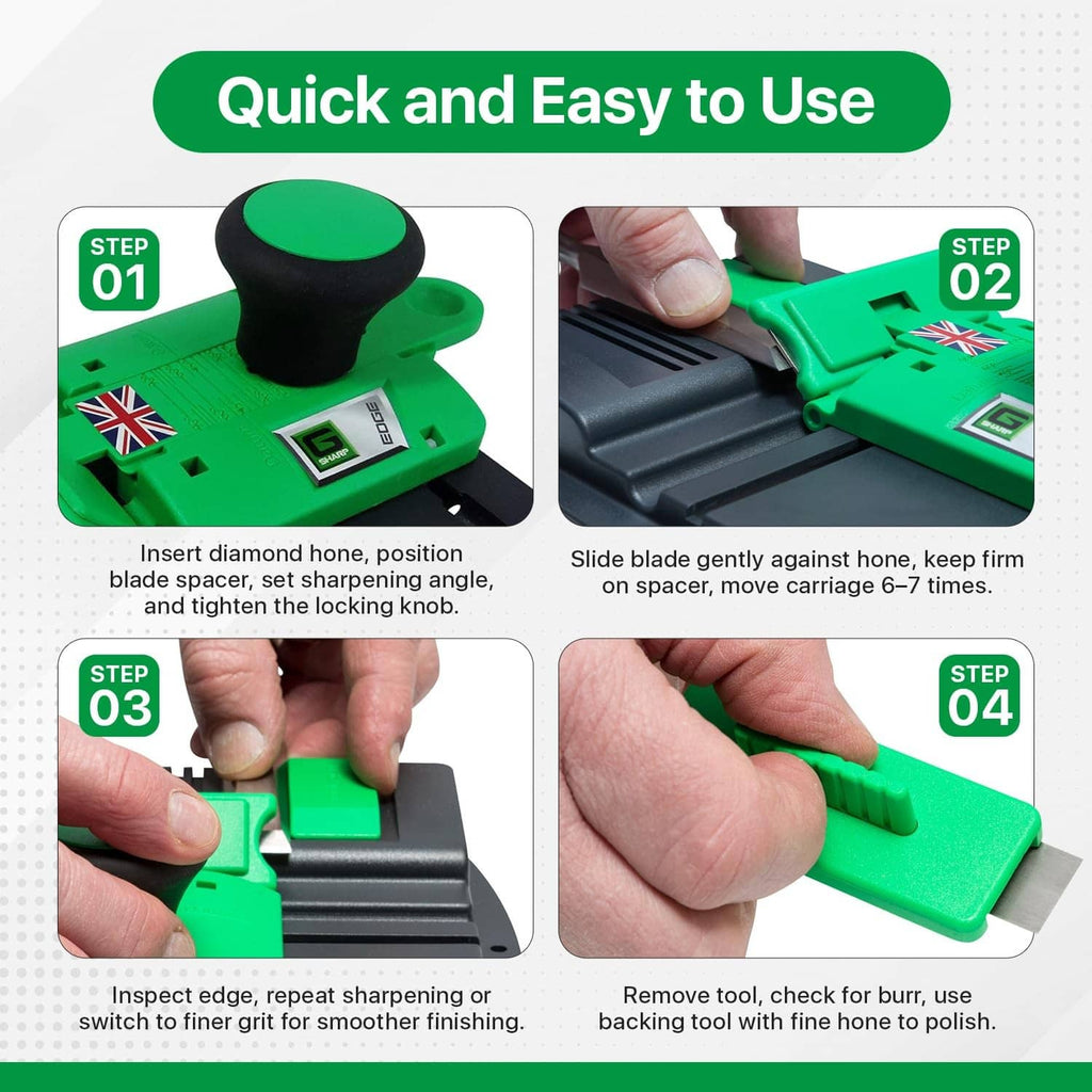 Green chisel sharpener with knob and hands fitting a diamond hone during use