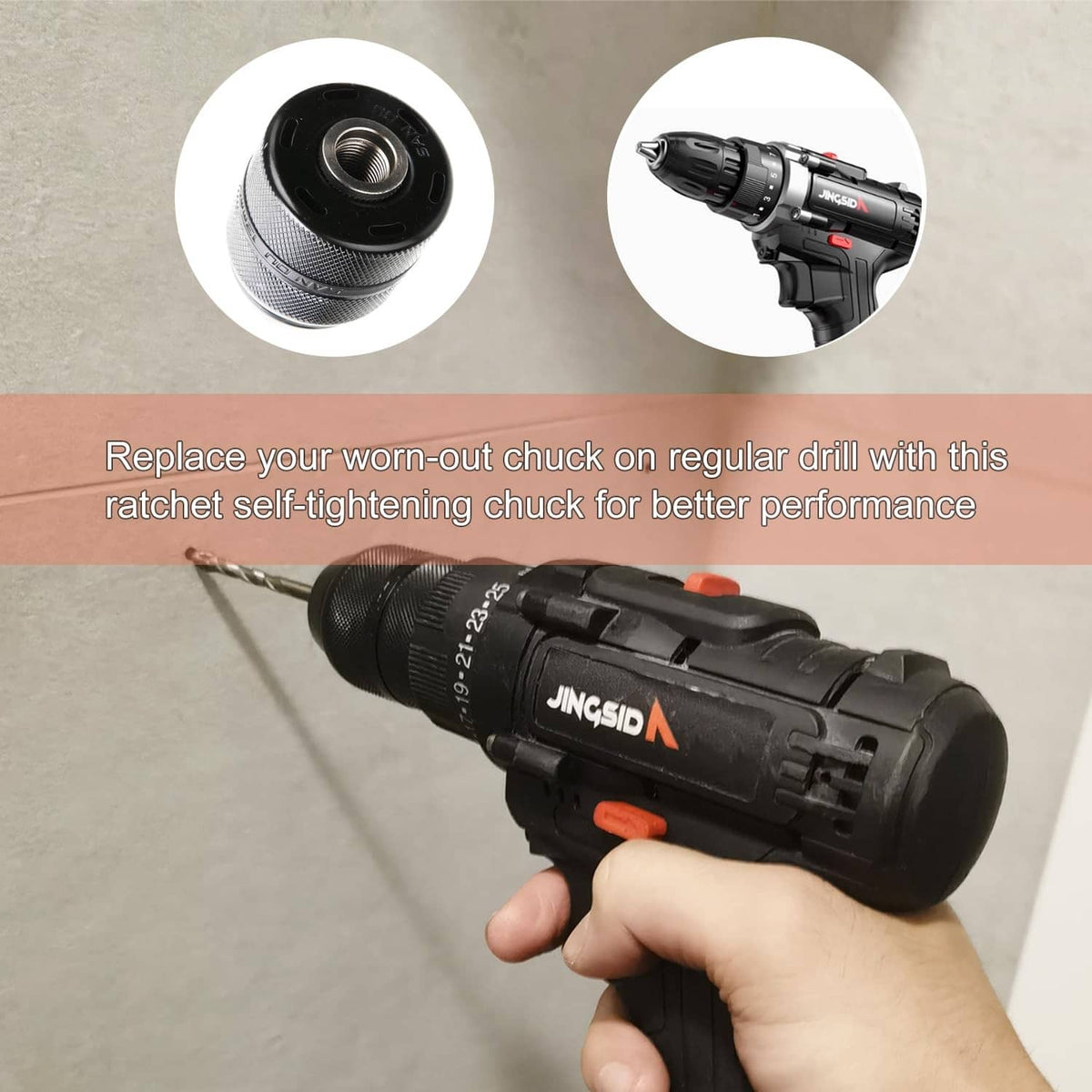 Self-locking ratchet keyless drill chuck on cordless drill, held by hand