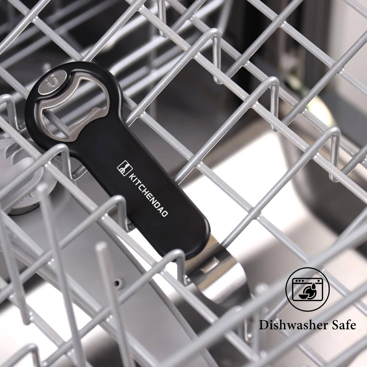 Magnetic cap catcher opener in dishwasher rack, black handle and silver blade