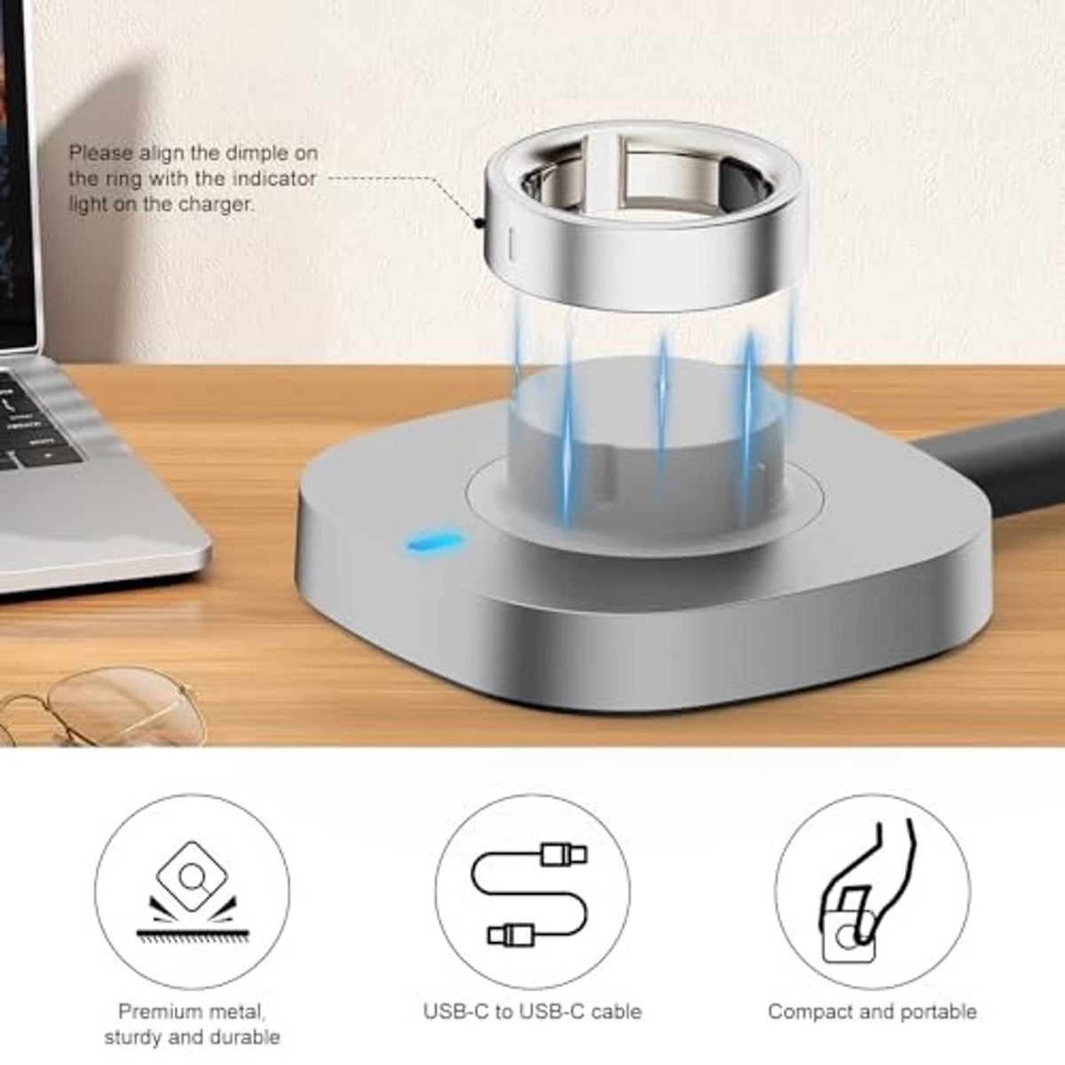 Charging dock with metal ring cradle and glowing blue indicator on the base