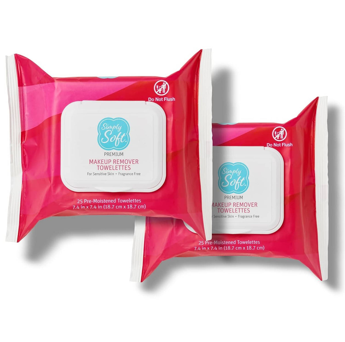 Simply Soft premium makeup remover towelettes, red packages with white label