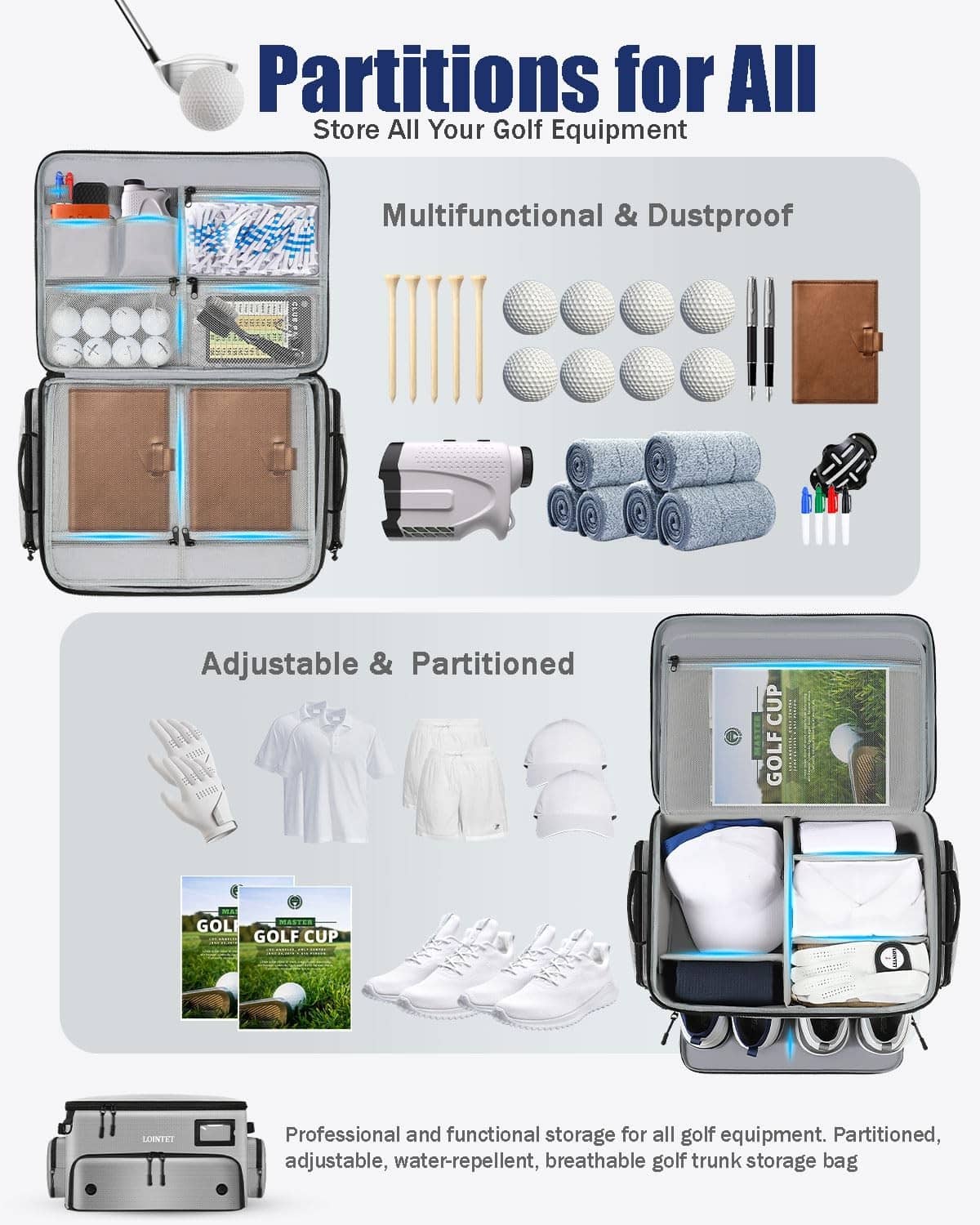 Gray golf trunk organizer bag with adjustable partitions and side pockets, open view