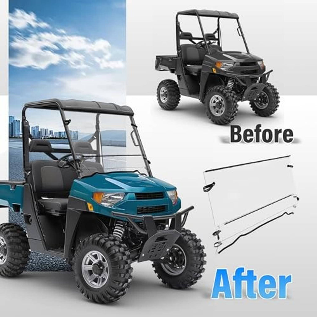 Clear front windshield with black frame on off-road UTV