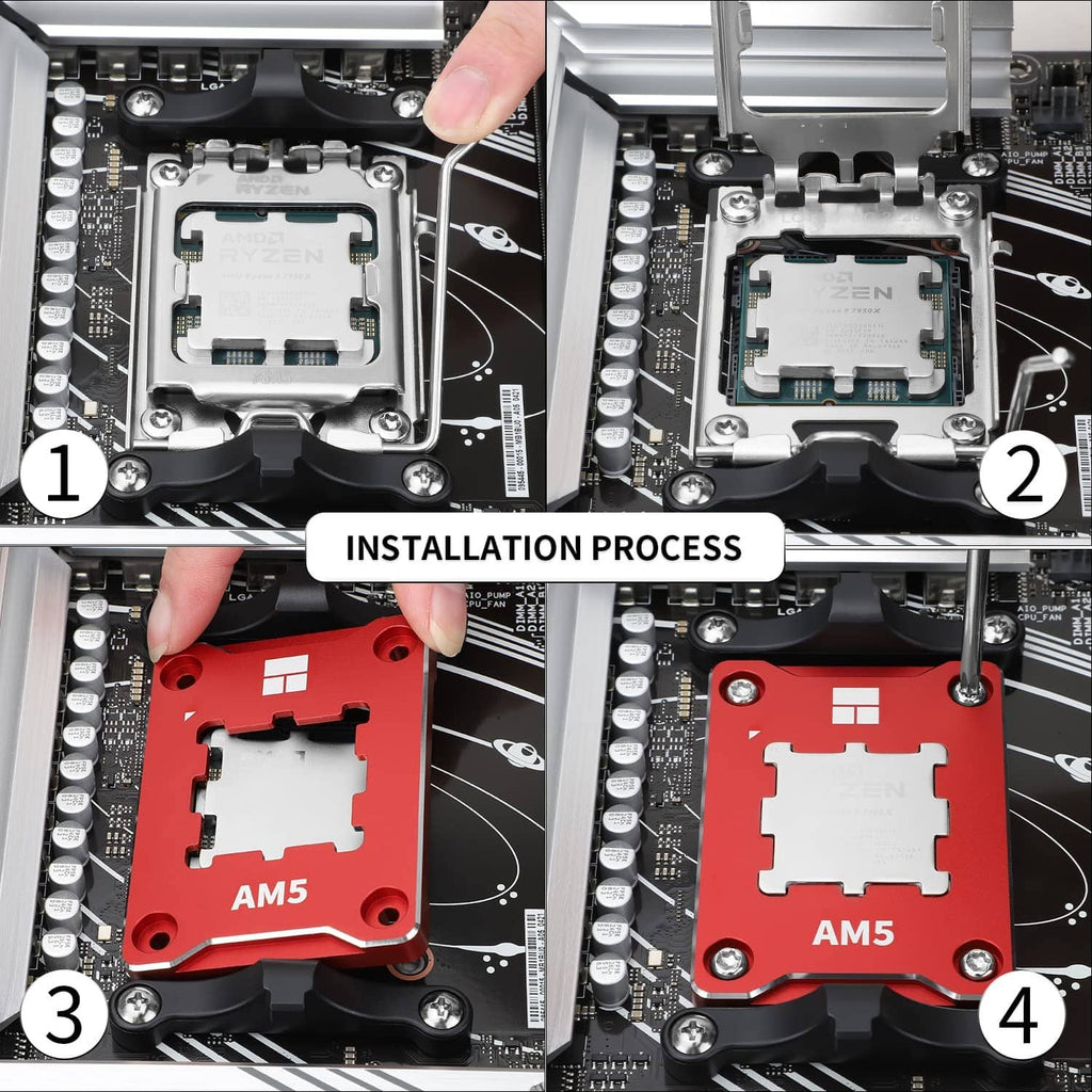 Red AM5 CPU mounting frame installed on motherboard socket area, cutout visible