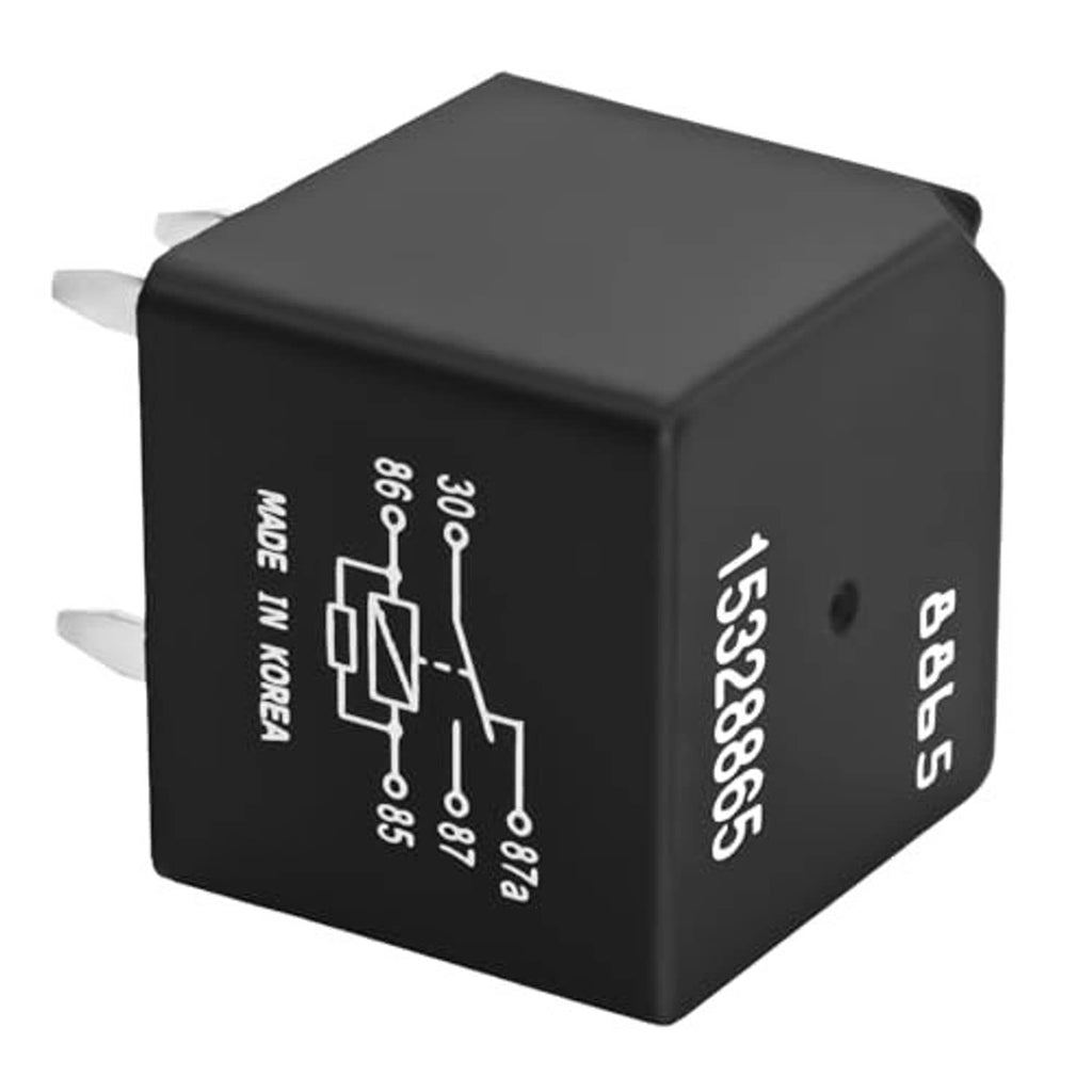 Black automotive relay cube with contact wiring diagram and MADE IN KOREA text