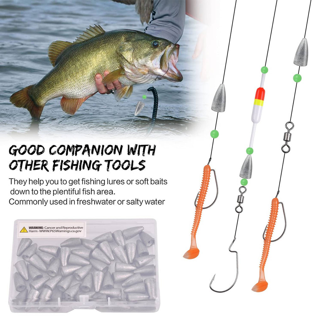 Bullet fishing sinkers rigged on hooks and lines beside soft baits