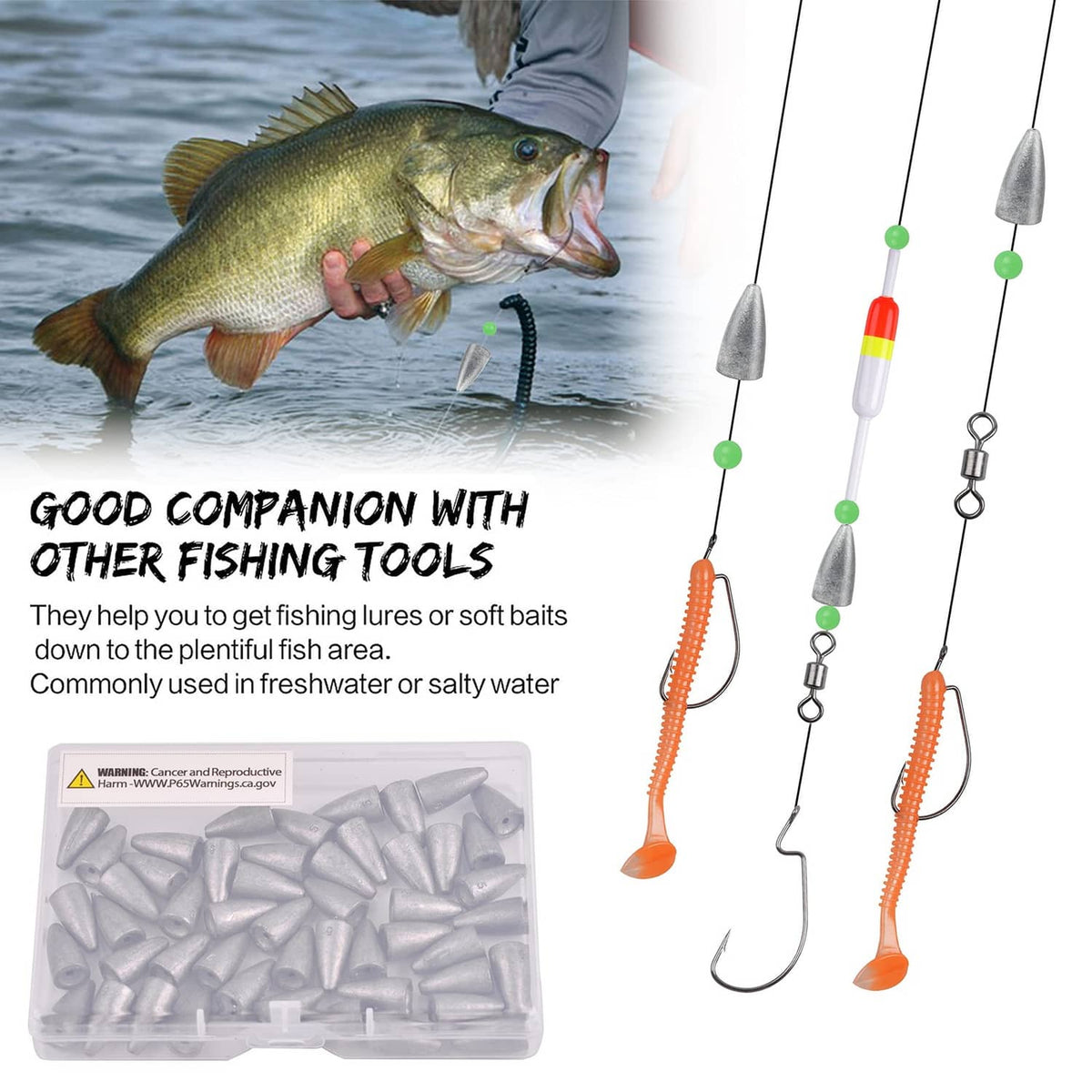 Bullet fishing sinkers rigged on hooks and lines beside soft baits