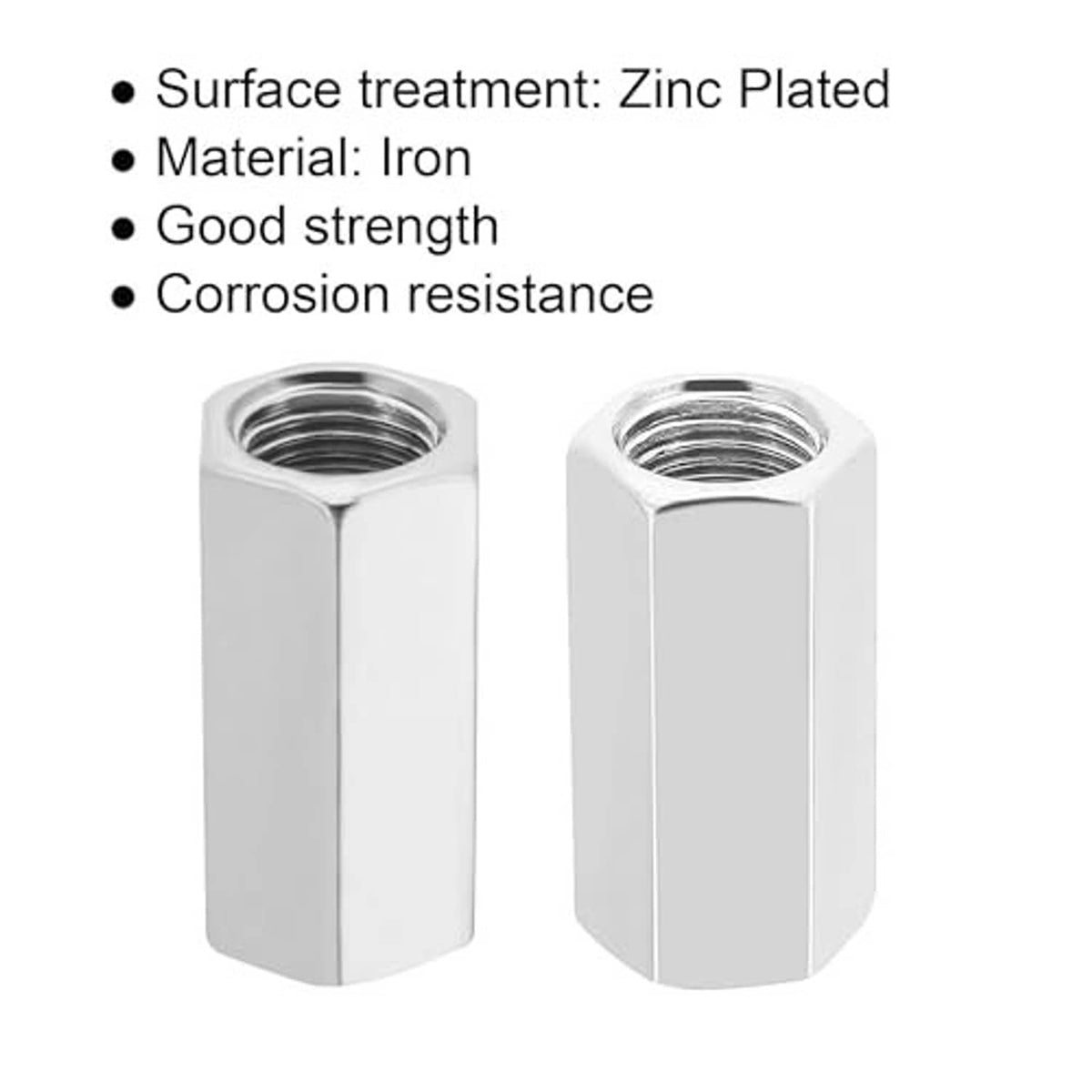 Two hex coupling nuts showing M10x1 fine internal threads, smooth silver metal sleeve