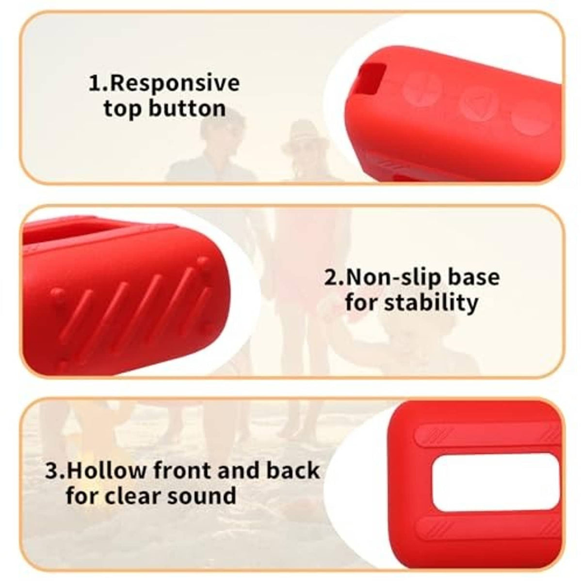 Red silicone speaker cover case with top button opening and textured non-slip base.