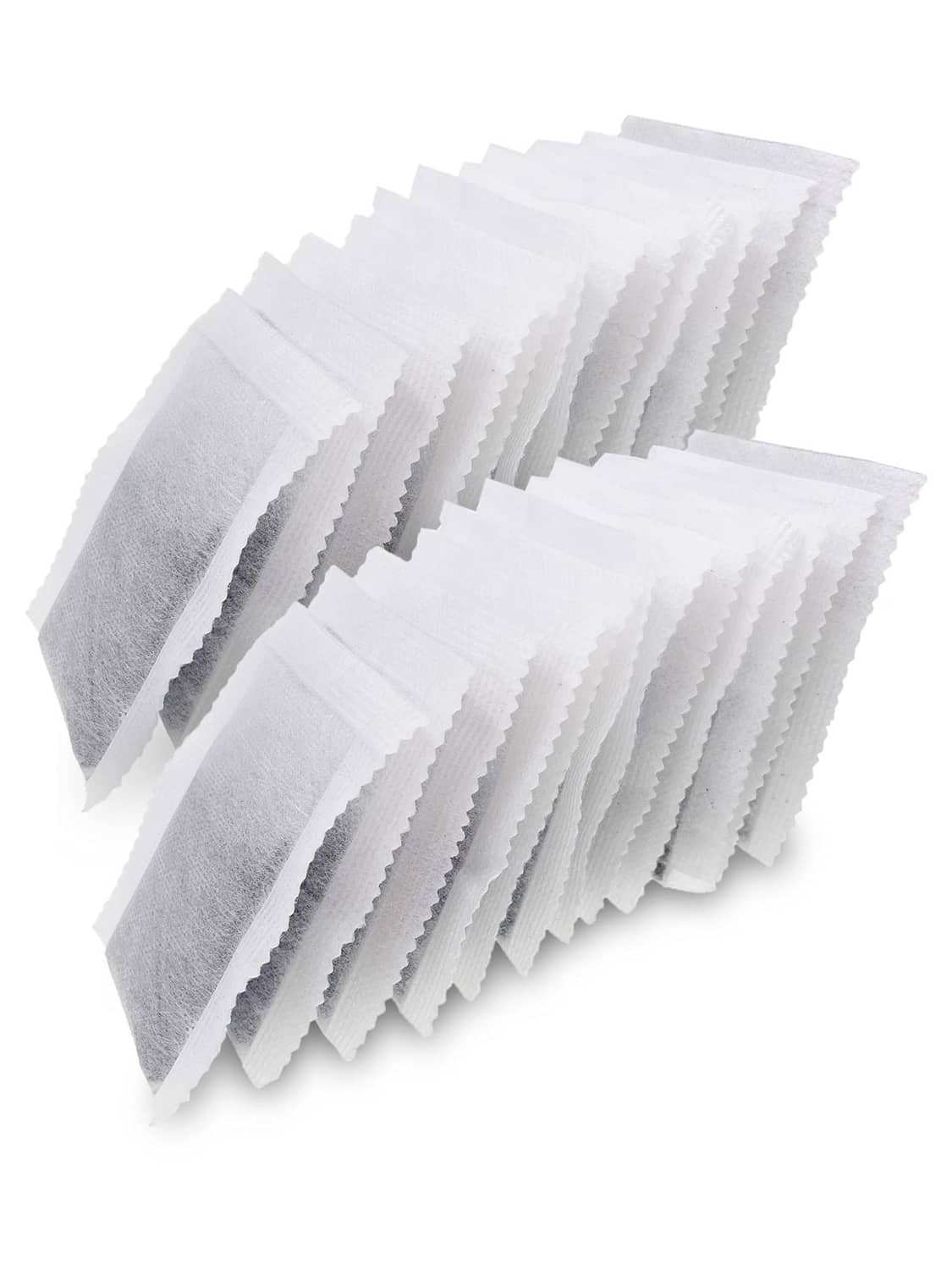 Activated charcoal distiller replacement pads, stacked white sachets with grey charcoal