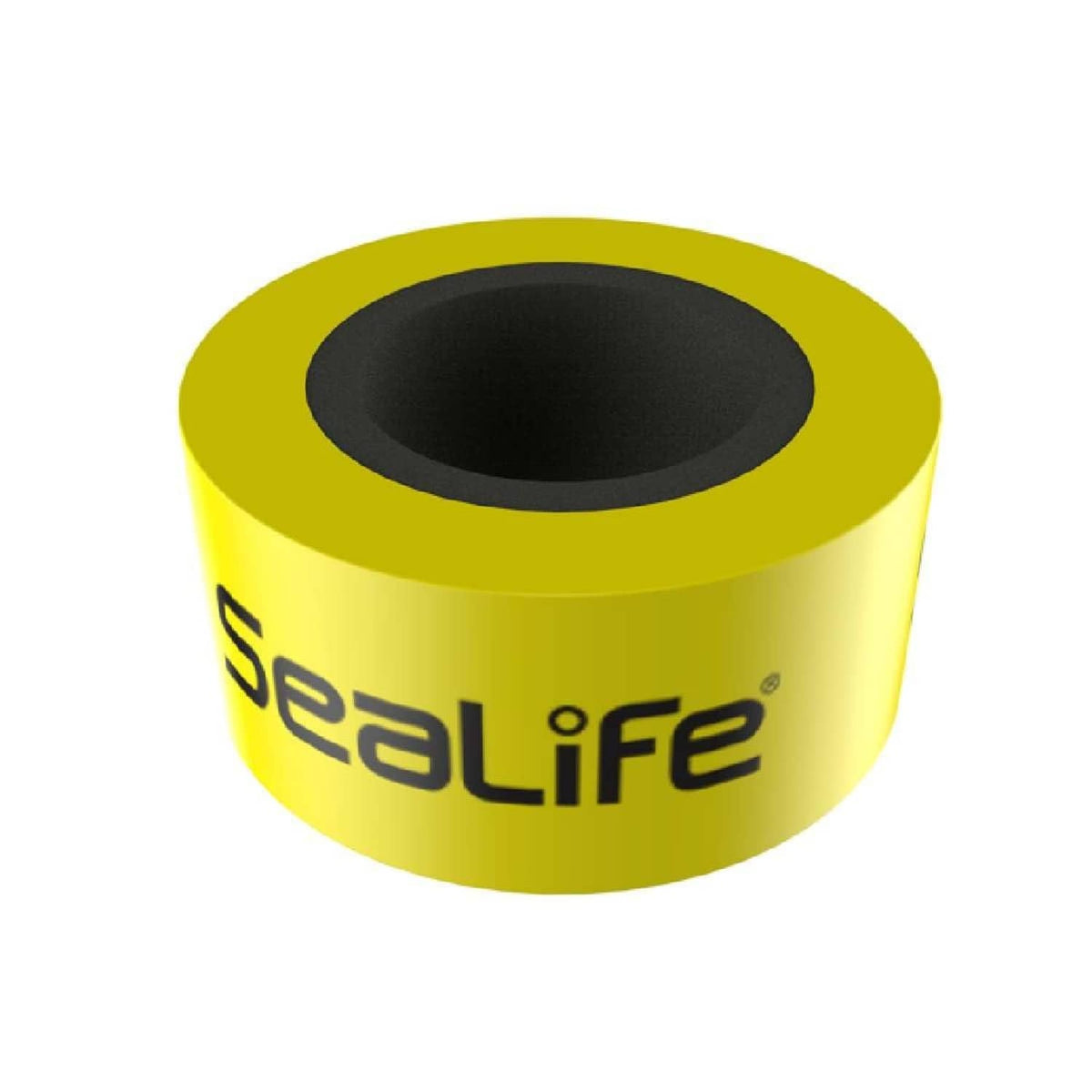 Yellow floatation ring cylinder with black oval top opening and Sealiife logo