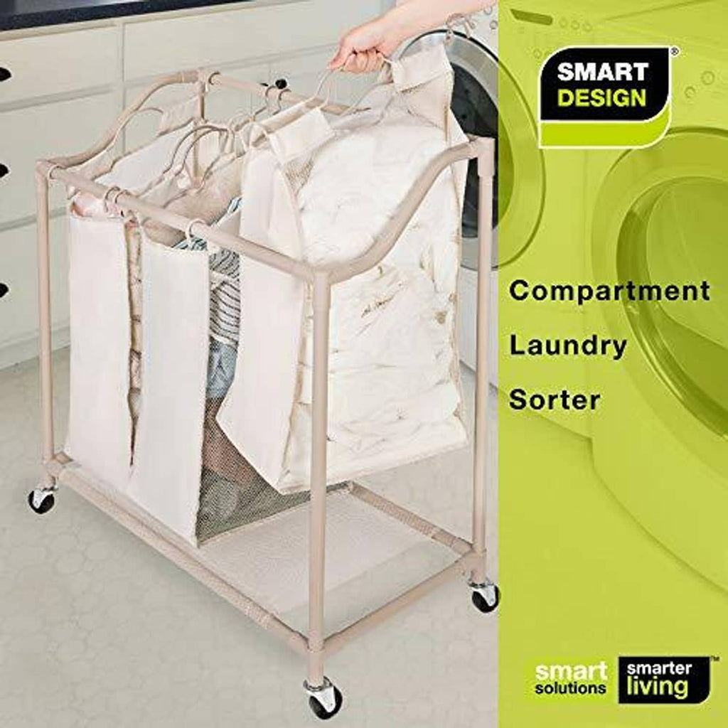 Rolling compartment laundry sorter with mesh sides and open tops for sorting laundry