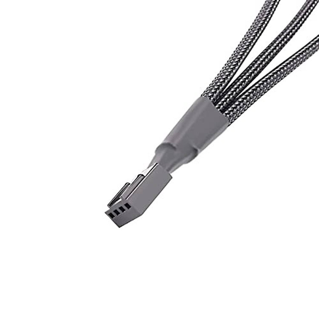 Braided 4-pin PWM fan splitter cable end with gray strain relief and black 4-pin plug