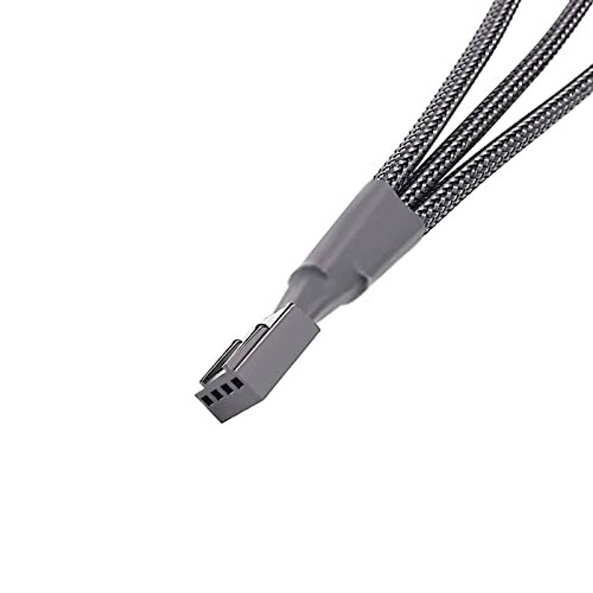 Braided 4-pin PWM fan splitter cable end with gray strain relief and black 4-pin plug
