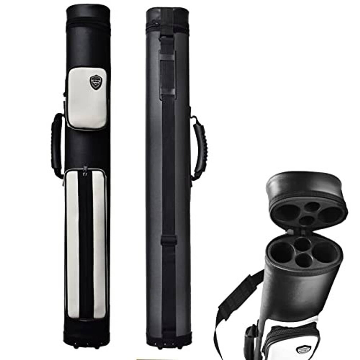 Hard pool cue case, black with white accents, open end cap and two cue slots