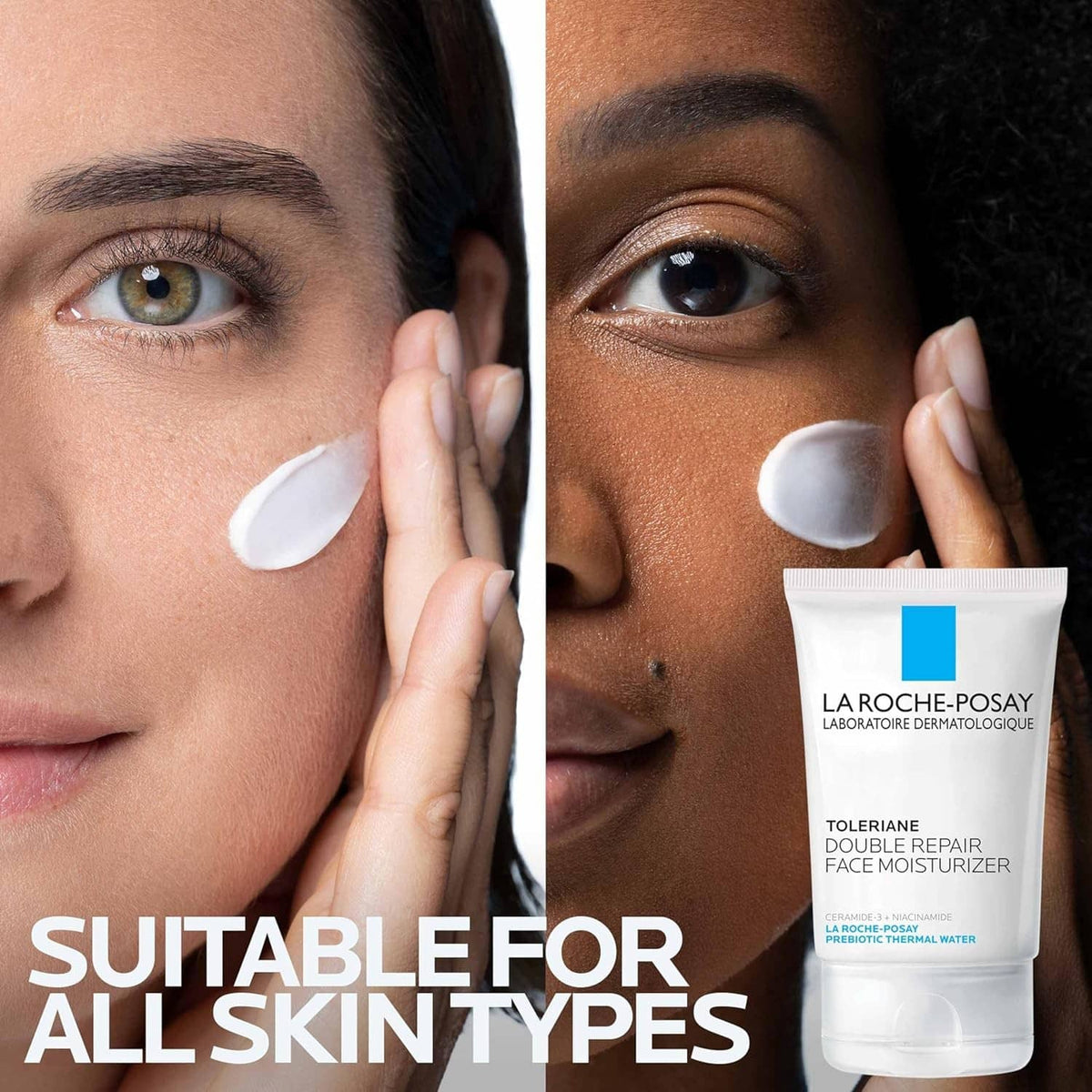 Moisturizer dots on cheeks and hands, with La Roche-Posay Double Repair Face Moisturizer