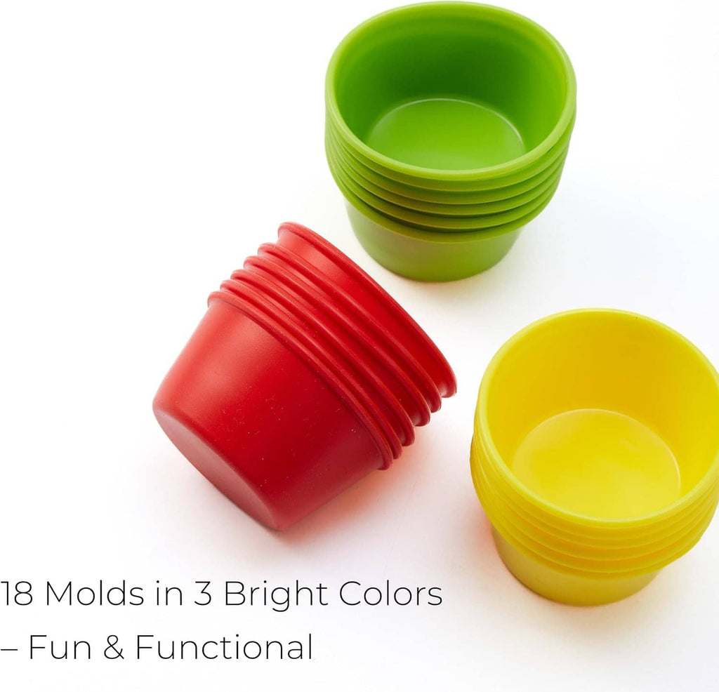 18 silicone puto mold cups in bright red, yellow, and green with open tops