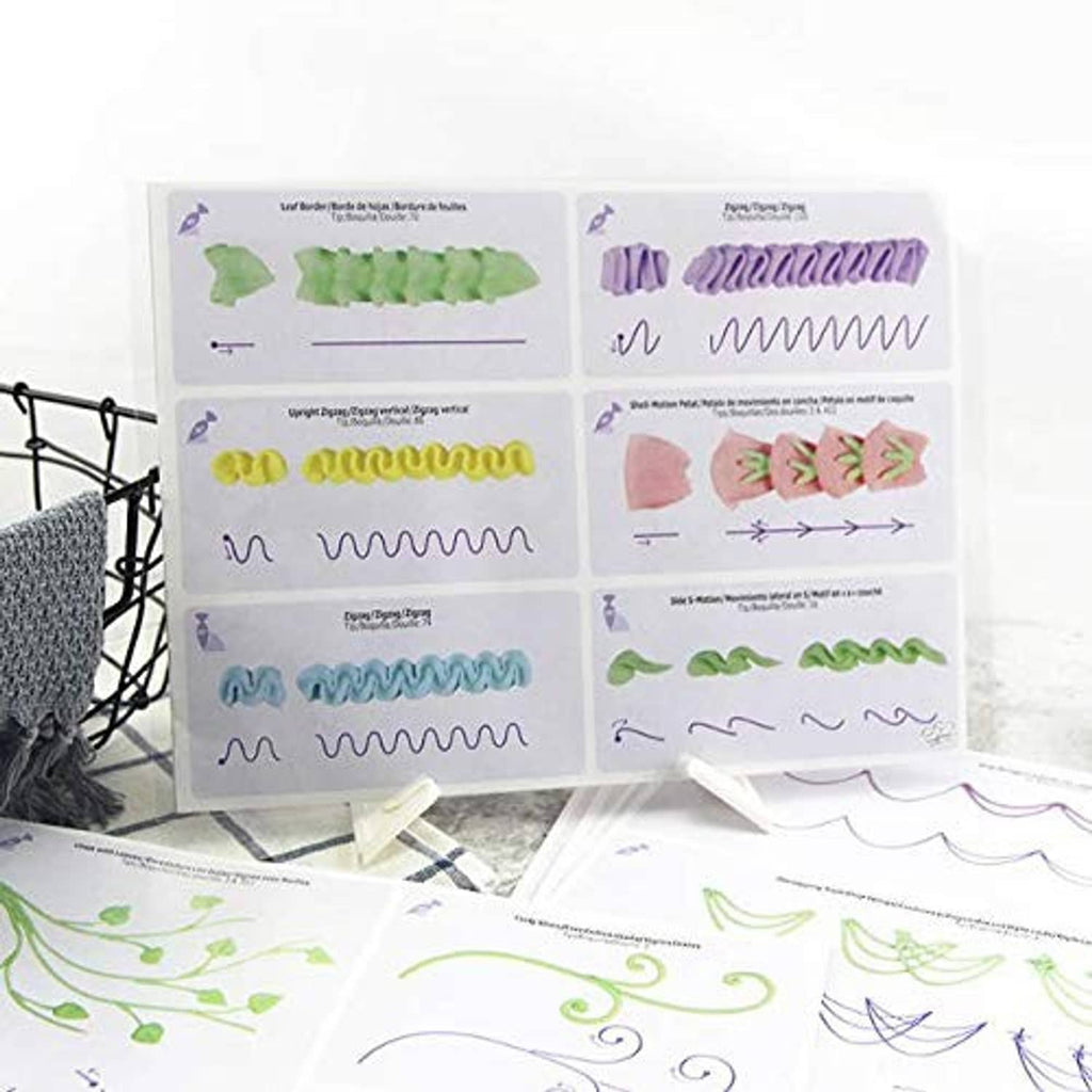 Cake decorating practice board with multiple sheets of colored curl and wave patterns