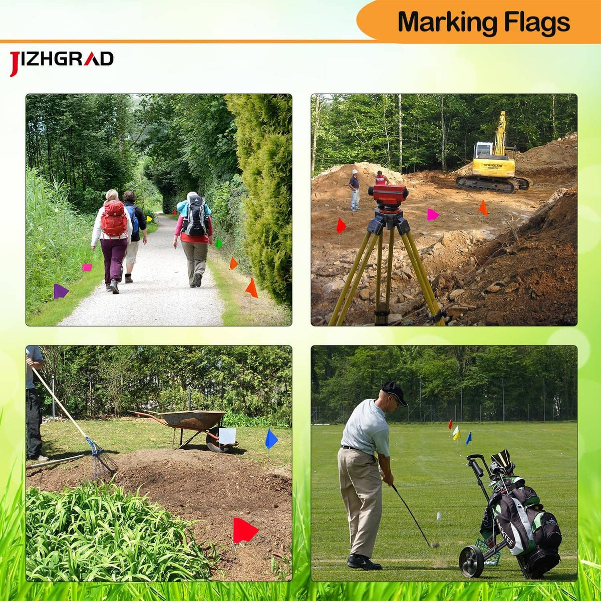 Orange marking flags on stakes for outdoor field marking