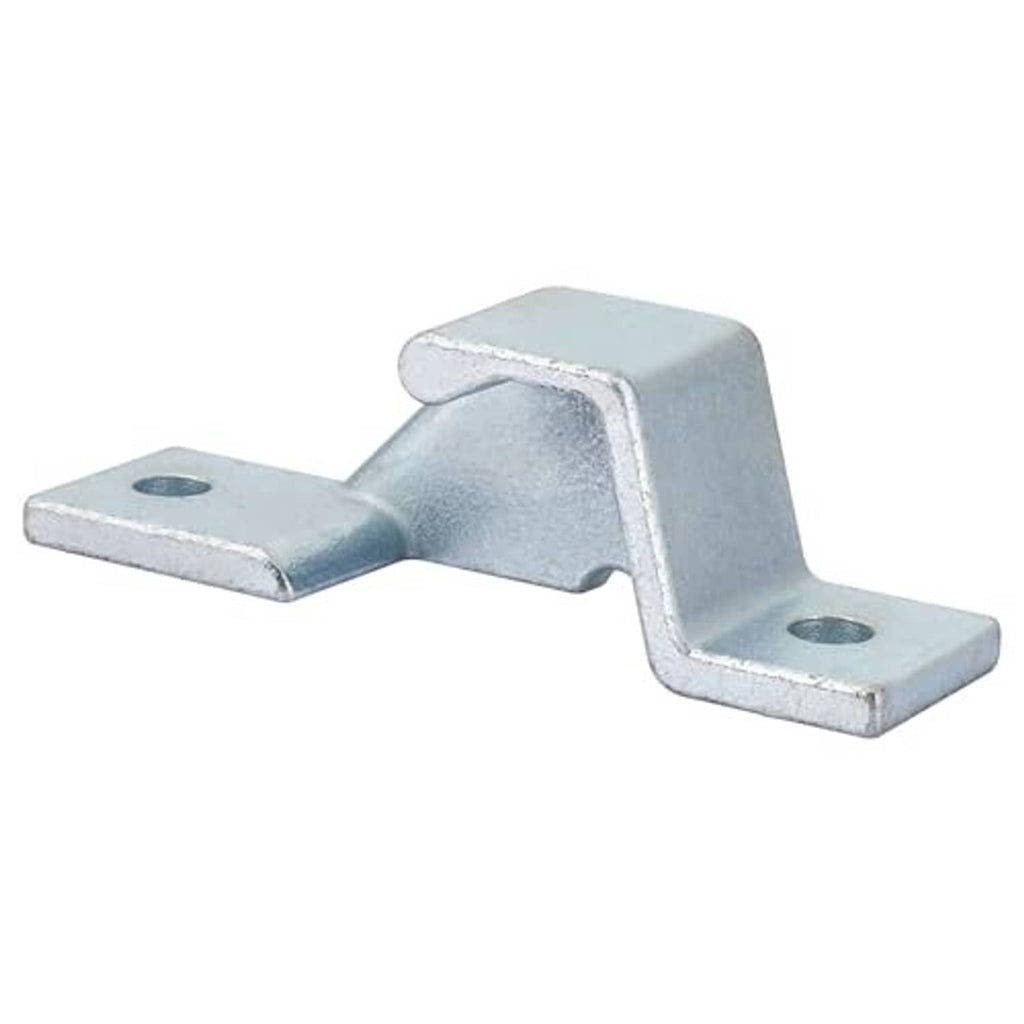 Galvanized metal cam latch keeper bracket with two flat mounting tabs and bolt holes